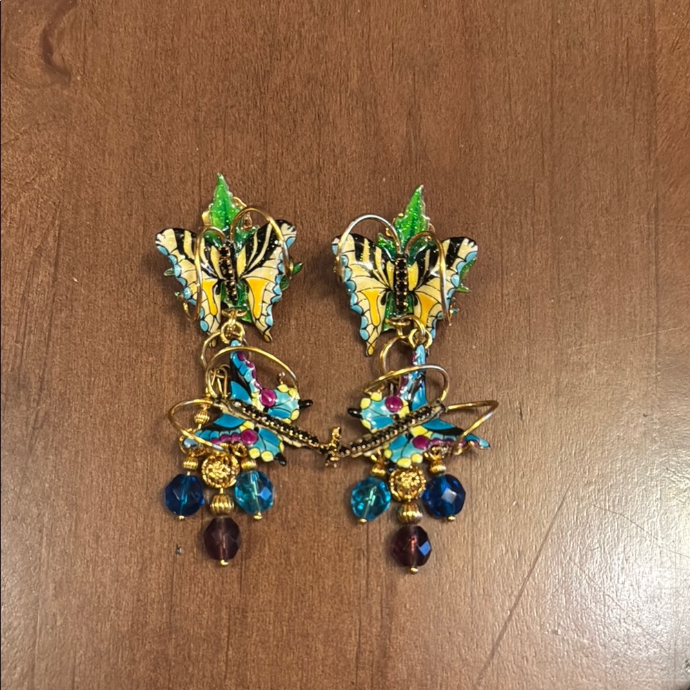 Yellow and Green Butterfly Gemstone Drop Earrings